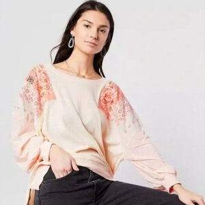 Free People Patchwork Paisley Eyelet Ribbed Long Sleeve Top Sz S